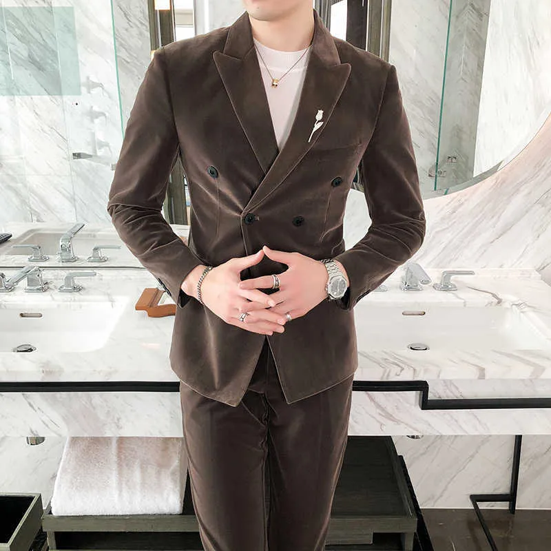 Luxury Velvet Suit Men Fashion Wedding Suits for Men Business Social Casual Slim Suits 2 Pcs Set Blazers Pants Costume Homme 210527