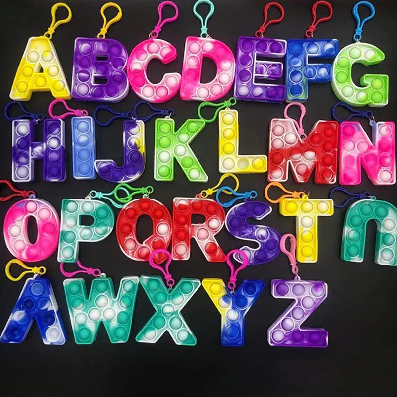 26 lettersSensory fidget  bubble poppers key ring Alphabet shape push bubbles popper board keychain finger puzzle charm tie dye rainbow bag hanging A101