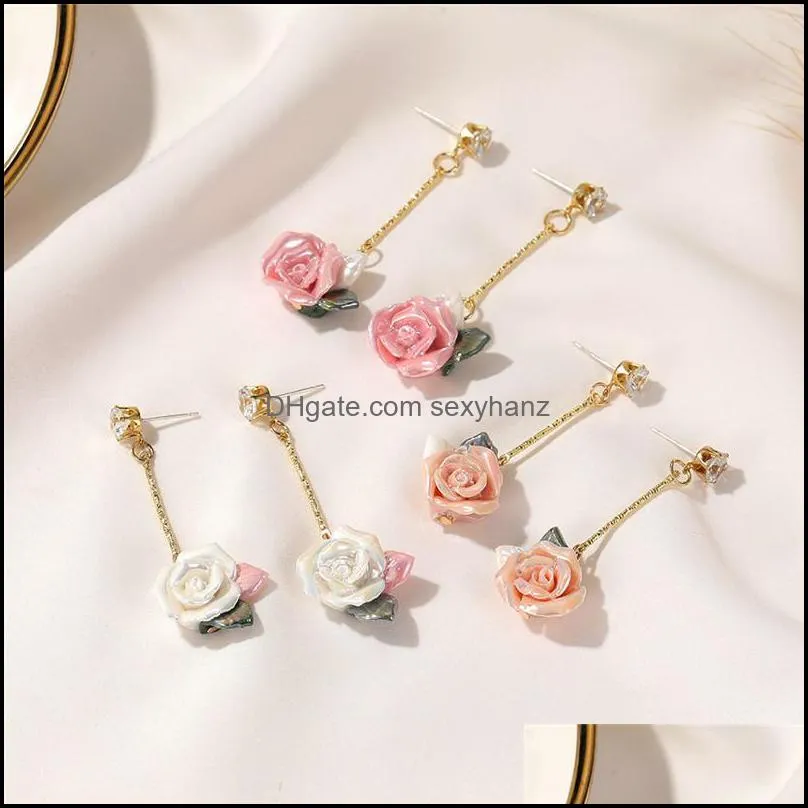 French Rose Flower Long Dangle Earrings Women Retro Crystal Tassel Chain Ear Nail European Business Party Gift Floral Earring Jewelry