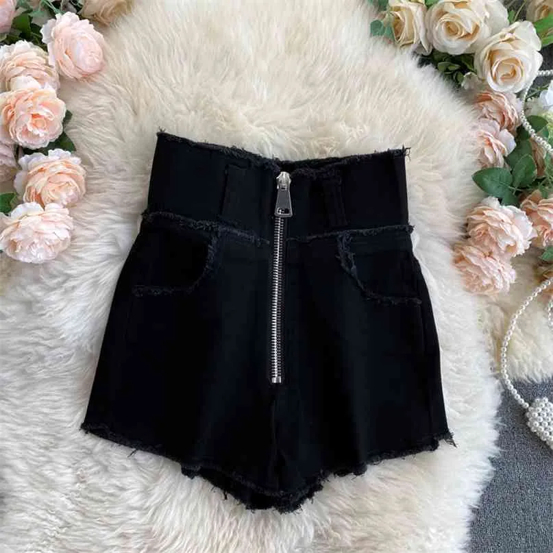 Mujeres primavera verano pantalones cortos de cintura alta casual hembra negro cremallera mosca pierna ancha moda streetwear 210603