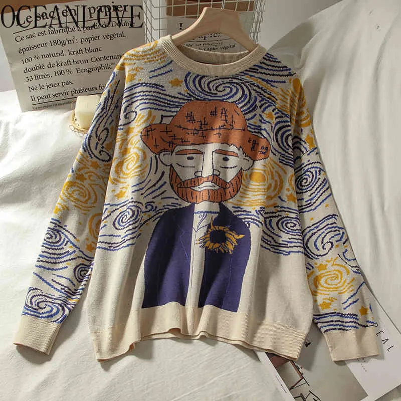 Painting Cartoon Women Sweaters Pullovers Autumn Winter Clothes Knit Wear Vintage Print Mujer Sueteres 18693 210415