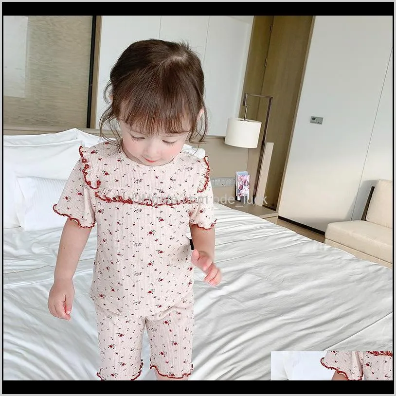 Baby Girls Summer Floral Printed Pajamas Sets Elastic Tops Pants 2pcs Korean Style Toddlers Kids Soft Sleepwear Suits