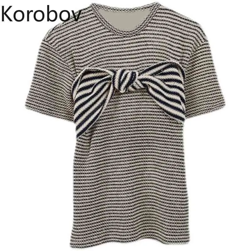 Korobov Koreanische Vintage O Neck Gestreiften Frauen T Shirts Sommer Neue Bogen Patchwork Kurzarm T Shirt Adrette T Tops 210430