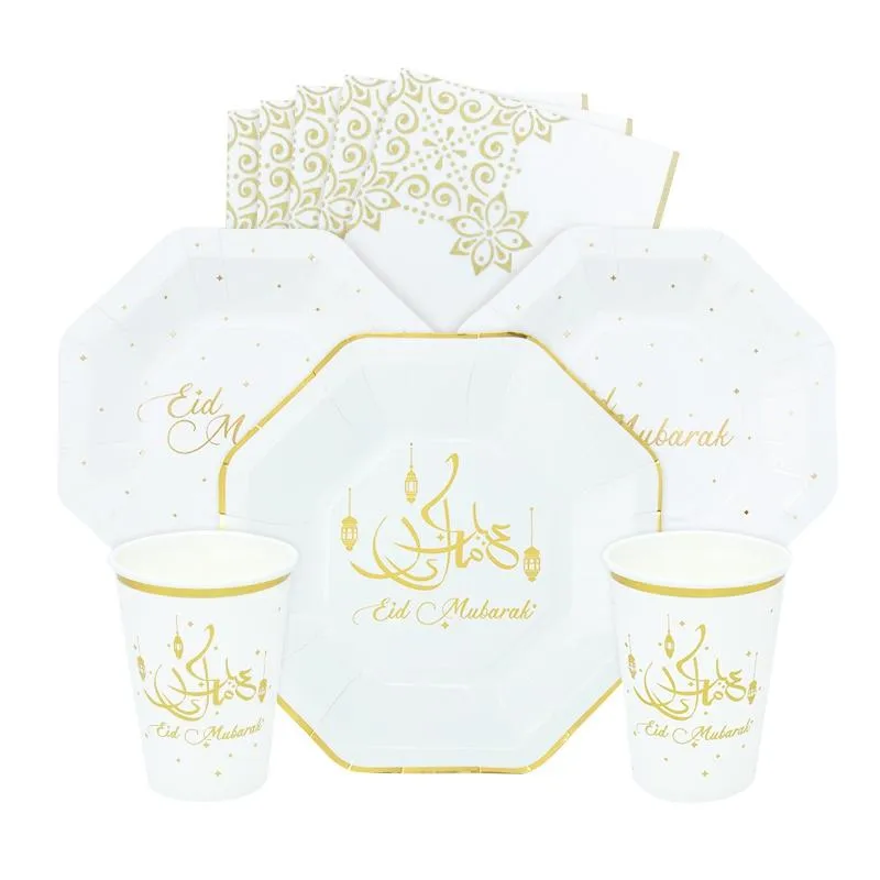 使い捨てディナーウェア44 PCS Eid Mubarak Happy Ramadan PartySelebration Paper Plate Cup Napkin Cutleryセット