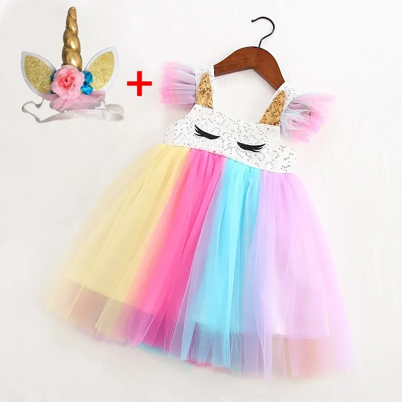 Ins Girls Unicorn Dress + Headband Rainbow Tutu Paillettes Princess Kids Frocks Unicornio Party Abiti eleganti 210529