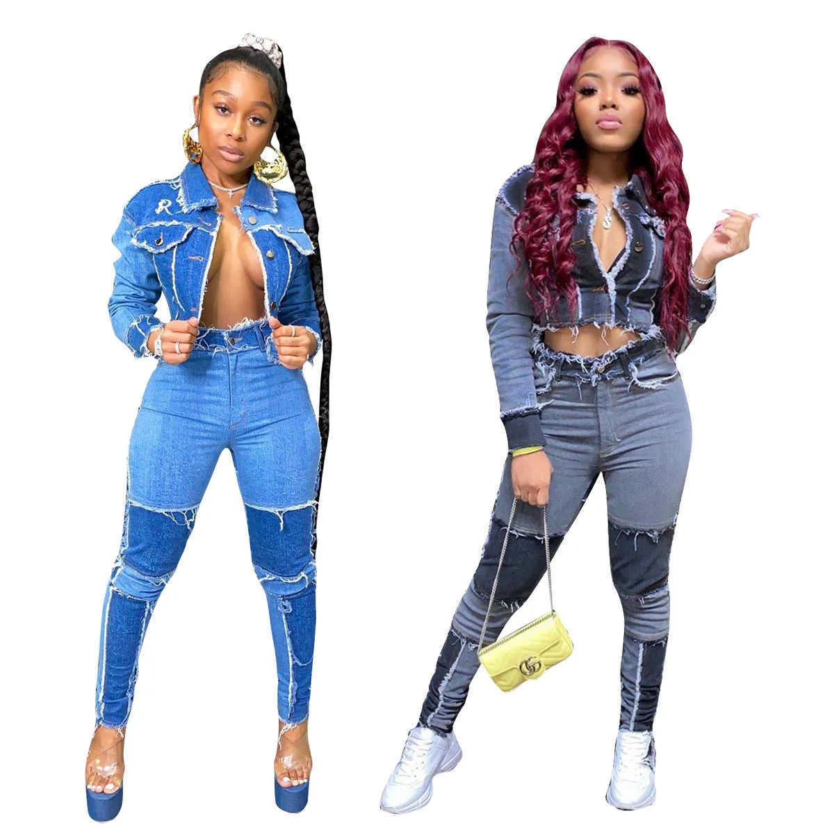 Nieuwe 2021 Actieve slijtage Dames Denim Patchwork Jassen Jeans Broek Pak Tracksuit Twee Stuk overeenkomende Set Fitness Outfits Plus Size Y0625