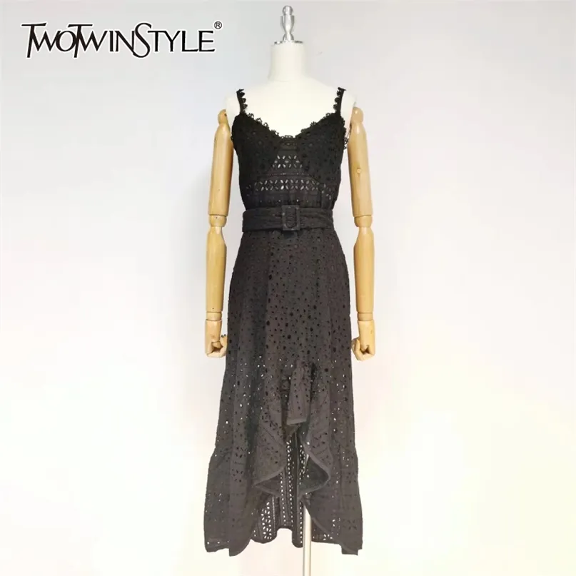 Vintage Black Dress For Women V Neck Sleeveless High Waist Hollow Out Irregular Midi Dresses Females Summer Stylish 210520