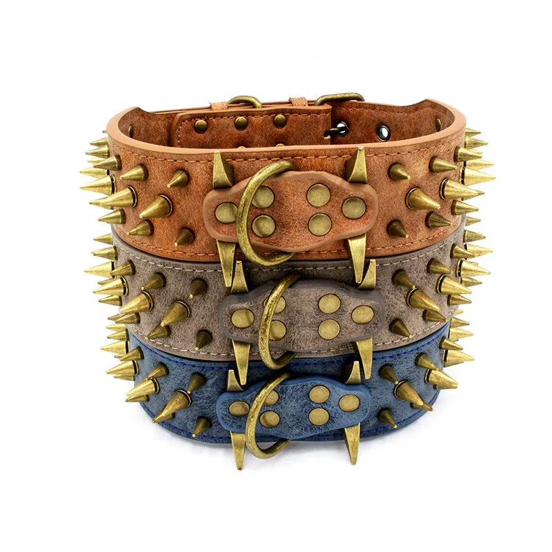 Bronze spiked pet dog collars wear-resistant PU large retro rivet collar 3 colors