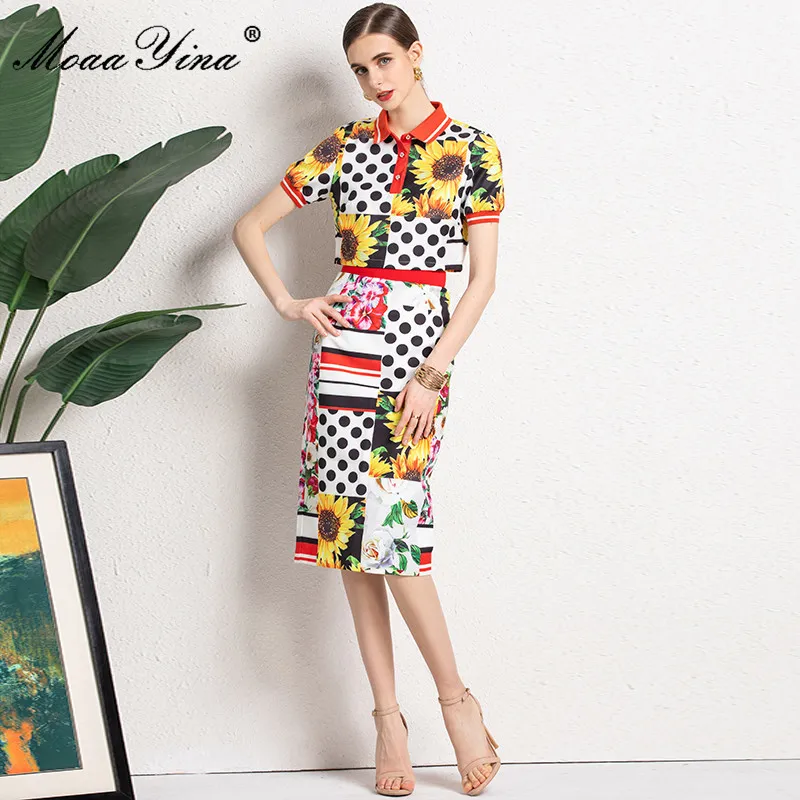 ファッションデザイナー夏ビンテージスカートスーツ女性短い花柄プリントトップスとMIDI鉛筆スカート2個セット210524