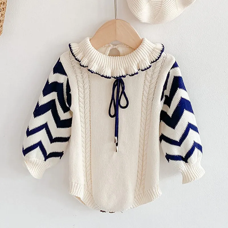 Infant Baby Girls Wave Knit Rompers Clothing Spring Autumn Kids Girl Lotus Leaf Collar Long Sleeve Clothes 210429