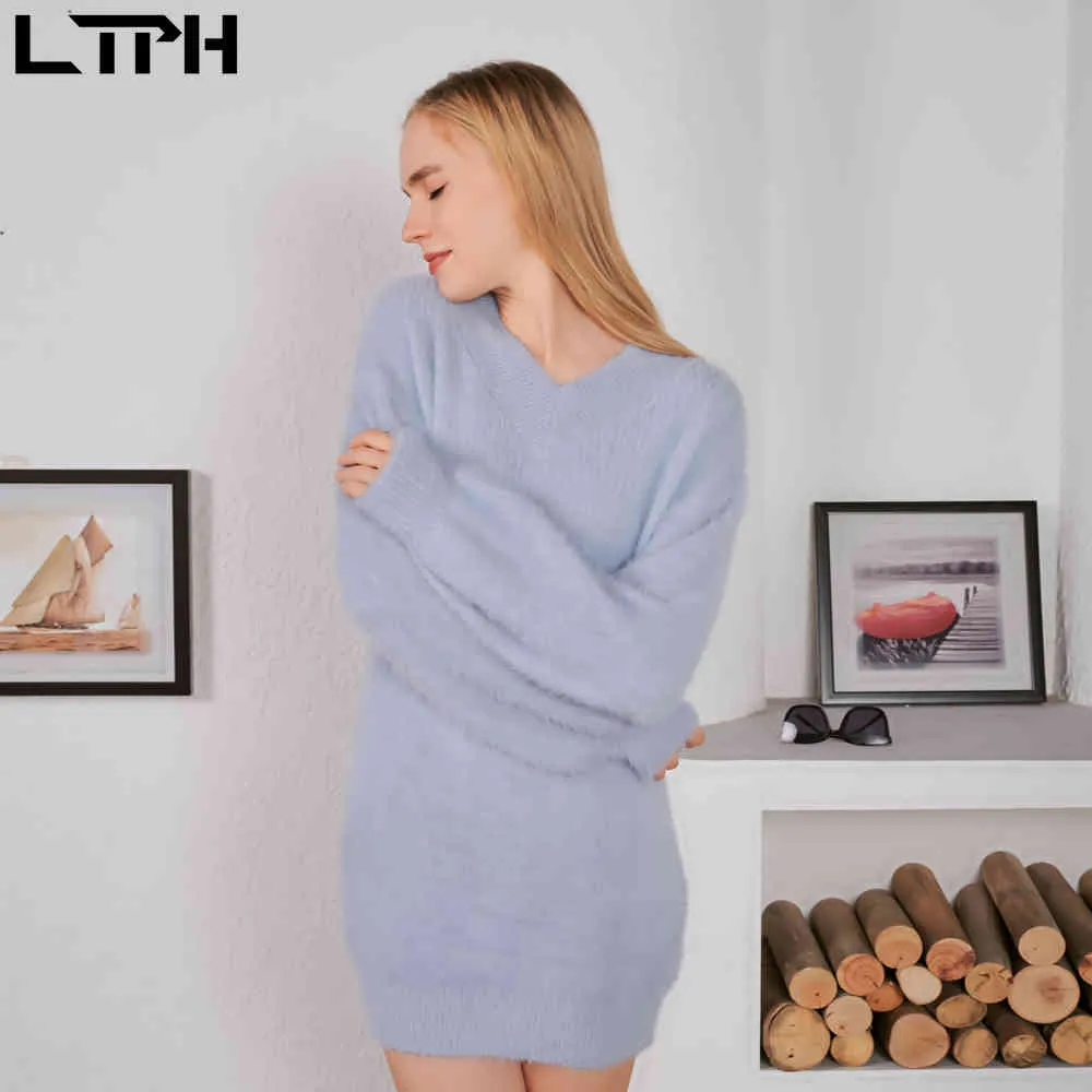 Прибытие осень зима V-образным вырезом потягивает женщину свитеров имитация норки меховой фонарик рукав Англия простой свободный свитер 210427
