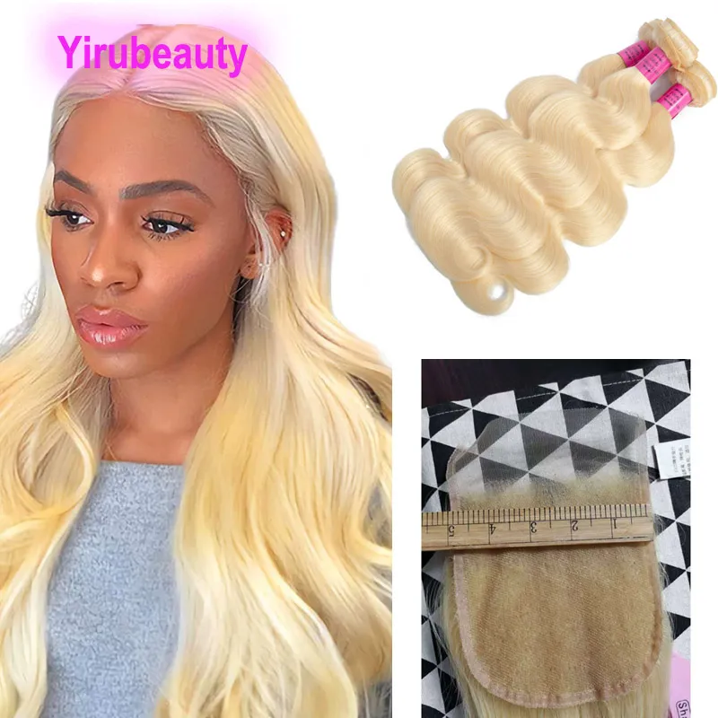 Brasiliansk människokroppsvåg med 5x5 spetsstängning Blond färg 4 st/parti 613# Virgin Remy dubbel wefts middle tre gratis del