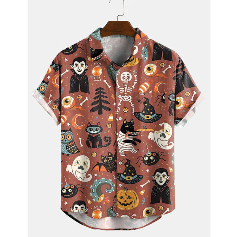 Summer Mens Halloween Pumpkin Cartoon Funny Party Casual Lapel Short Sleeve Hawaiian Shirt 210527