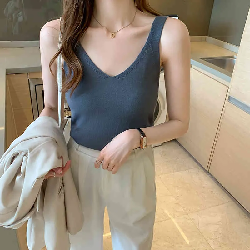 Koreaanse truien vrouwen gebreide gallus trui reguliere mouwloze tank top vrouw witte v-hals All-match zomer solide vest 210427