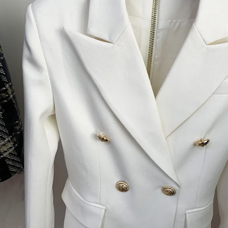 Womens White Double Breasted Blazer Dress With Metal Buckles