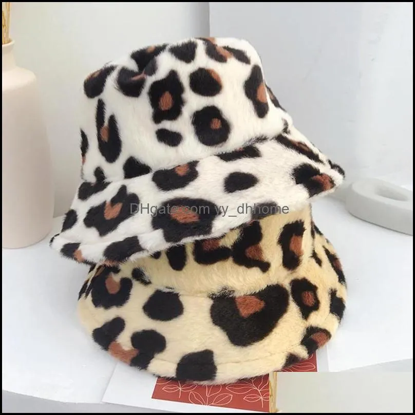 Women Winter Fluffy Plush Bucket Hat Leopard Printed Fisherman Warm Harajuku Cap S2M81