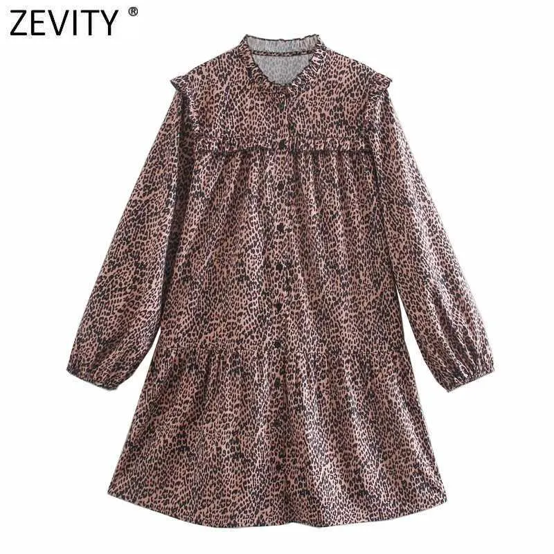 Zevity Women Vintage O Neck Agaric Lace Leopard Print Shirt Dress Female Chic Long Sleeve Ruffles Party Vestido DS5041 210603