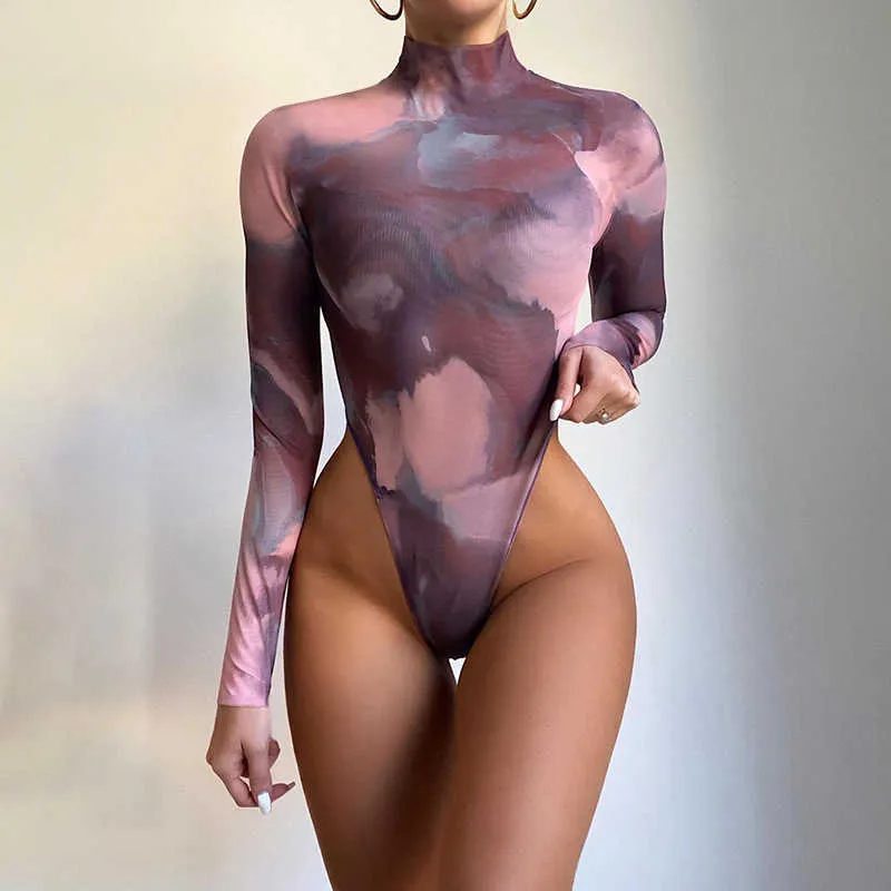 Quanrun sexig mode kvinnor rompers långärmad digital tryck bodysuit fest club streetwaer vår sommar 210604