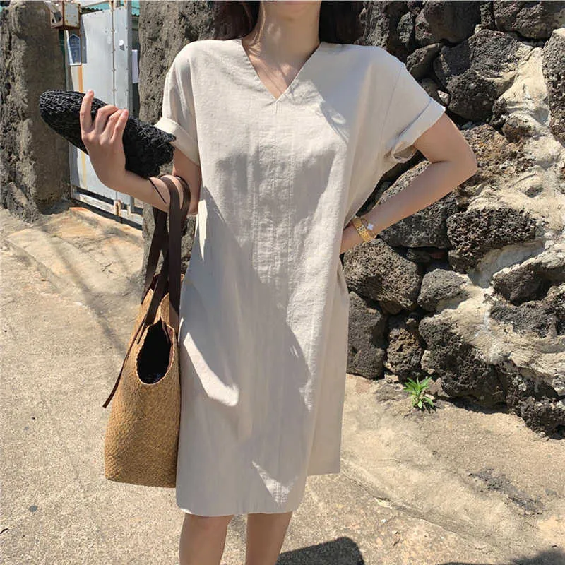 여성 여름 미드 드레스 캐주얼 코튼 린넨 숙녀 큰 포켓 V 넥 해변 파티 간단한 femme 드레스 Vestidos 플러스 크기 210527