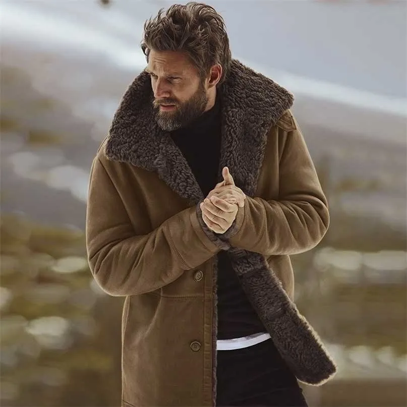 Rahat Kış Katı Sıcak Kompozit Deri Ceketler Ceket Erkekler Vintage Turn-down Yaka Düğmesi Uzun Kollu Coat Streetwear 211217