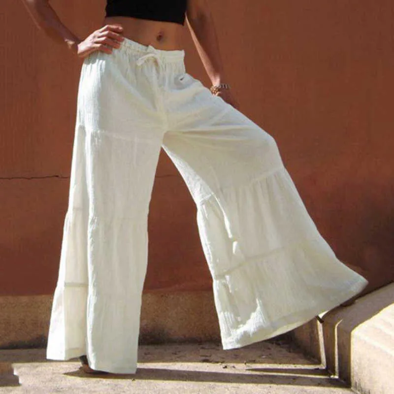 Casual Ruffle Loose Pants Women Plus Size Solid Folds Mujer Wide Leg Pants Bell Bottom Beach Summmer Pants X0629