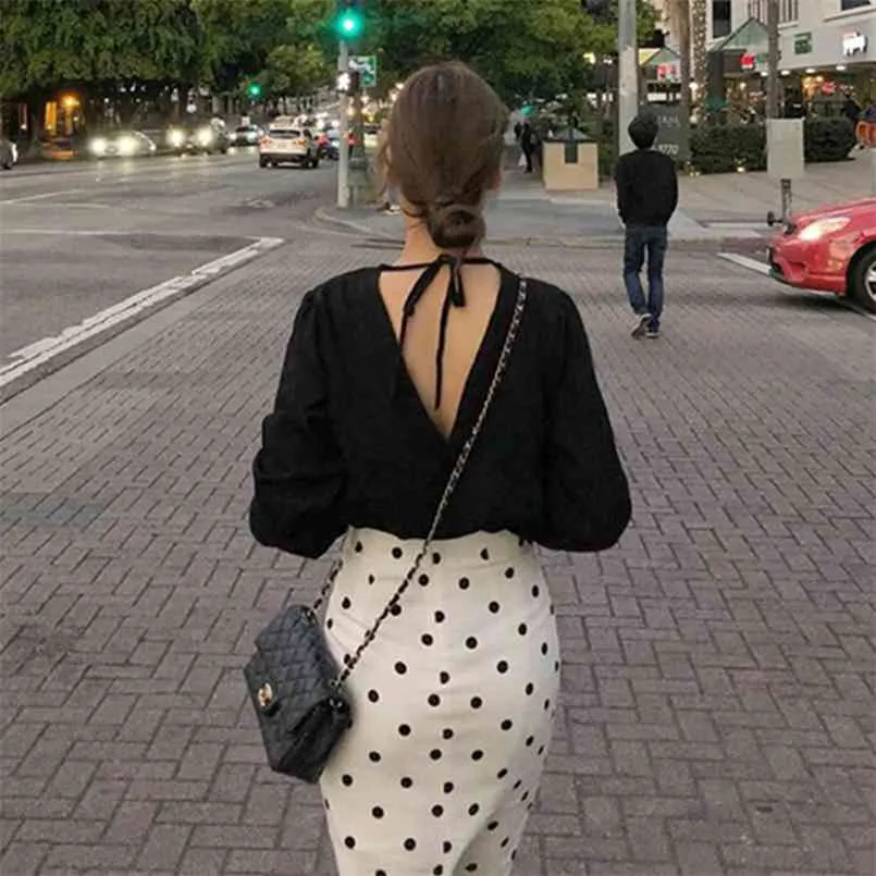MS Yaz Siyah Uzun Kollu Gömlek Tasarım Küçük Seksi Backless Ceket Gevşek Render Yeri Yukarı Giysi 210423