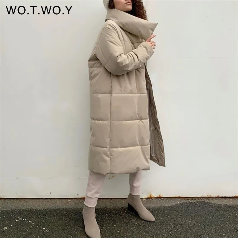 WOTWOY surdimensionné long épaissir vestes d'hiver femmes chaud coton rembourré Parkas femme taille large manteaux droits pardessus 211216