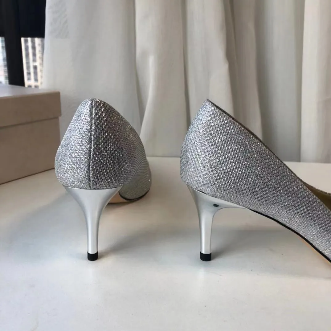 Jimmy Choo Logo Glitter Kitten Heel Pointy Shoes Silver