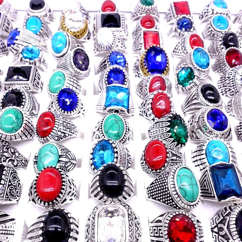 Hele 100 stks Ring Mix Stijlen Antiek Verzilverd Steen Glas Vintage Sieraden Ringen voor Mannen Vrouwen gloednieuwe drop Part2810