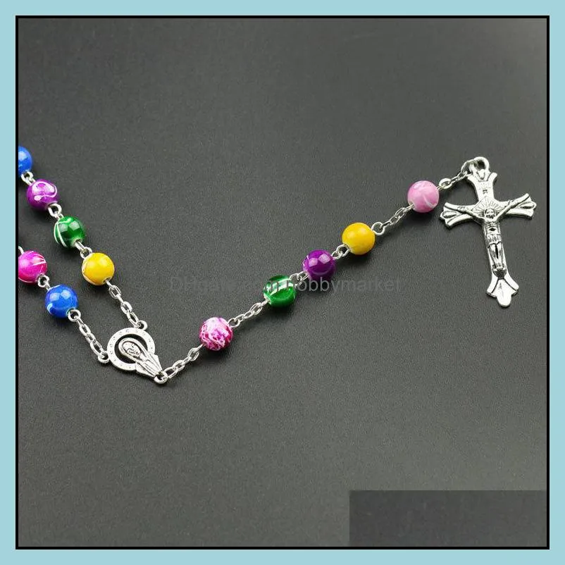 New Religious Catholic Rainbow Rosary Long Necklaces Jesus cross pendant 8MM Bead chains For women Men s Fashion Christian Jewelry