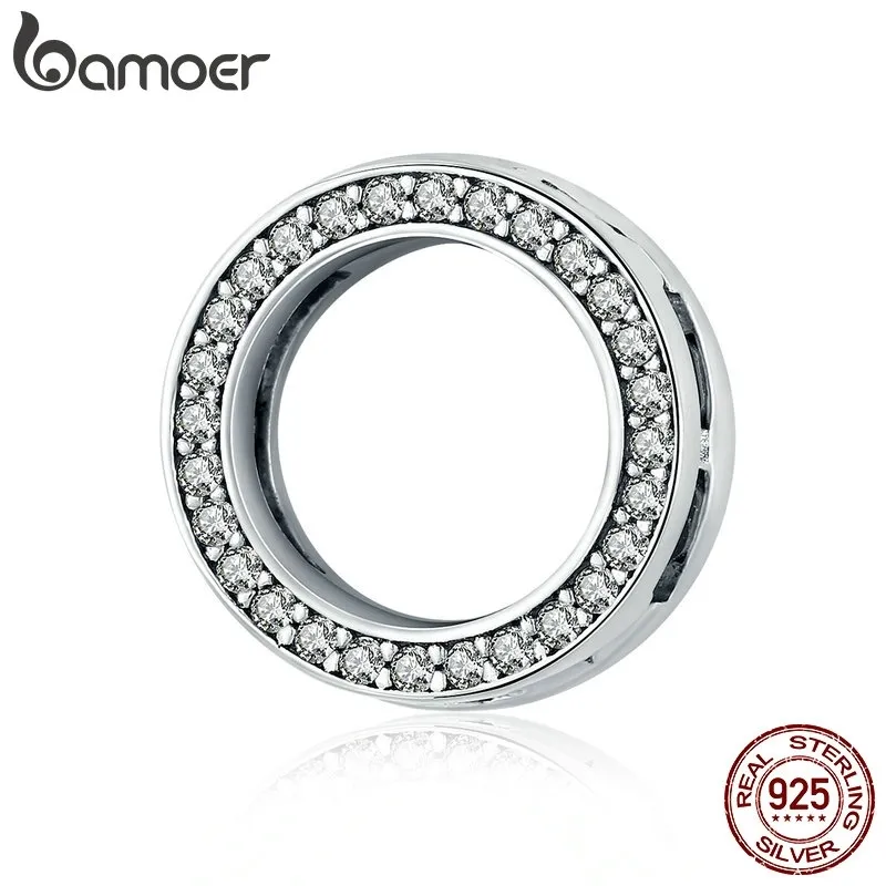 Bamoer Autentyczne 925 Sterling Silver Clear Cyrkon Okrągłe Koło Koraliki Urok Fit Kobiety Bransoletki DIY Biżuteria SCX101