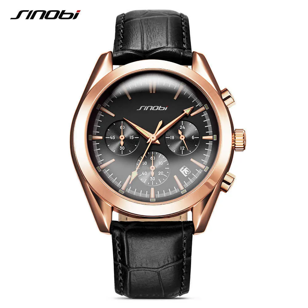 Sinobi Top Luxury Brand Män Klockor Rose Guld Business Lysande Händer Svart Ring Fritid Läderband Armbandsur Reloj Hombe Q0524