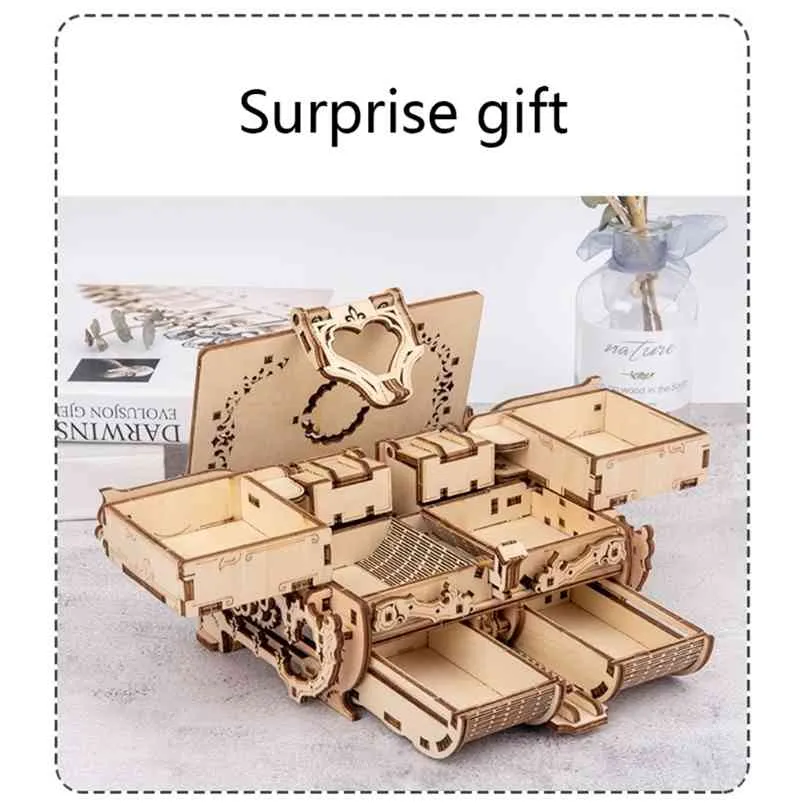 3D Assembled Creative DIY Puzzle Wooden Mechanical Transmission Antique Jewelry Box Model Toy 210911