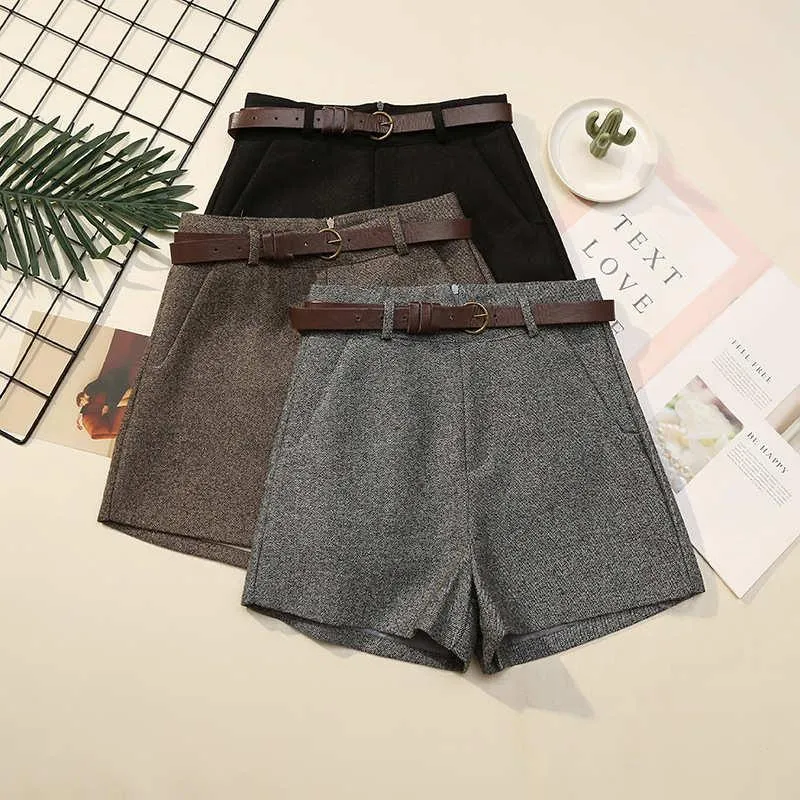 Women's Shorts Fashion Belted Woolen Women Korean High Waist Bottoming Casual Wide Leg Ladies Sexy Wool Suit C7803