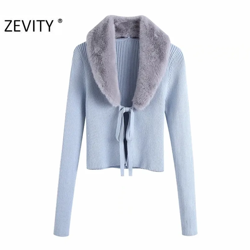 Women Fashion Faux Fur V Neck Patchwork Lace Up Cardigan Knitting Sweater Female Chic Long Sleeve Open Slim Tops S432 210420