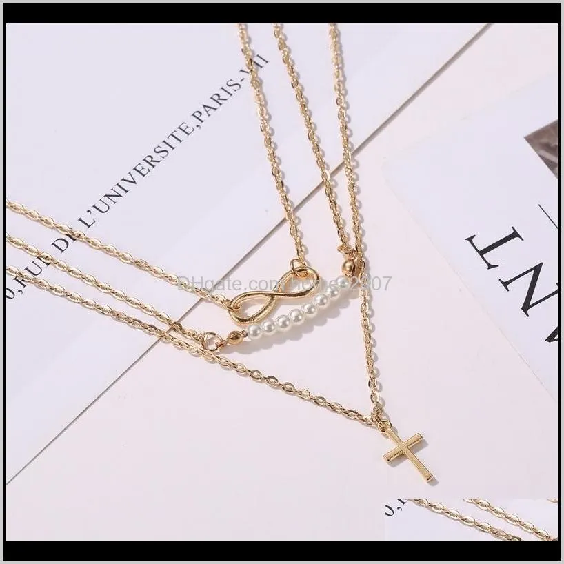 abdoabdo fashion layered pearl necklace three layer stainless steel cross pendant necklace women long jewelry