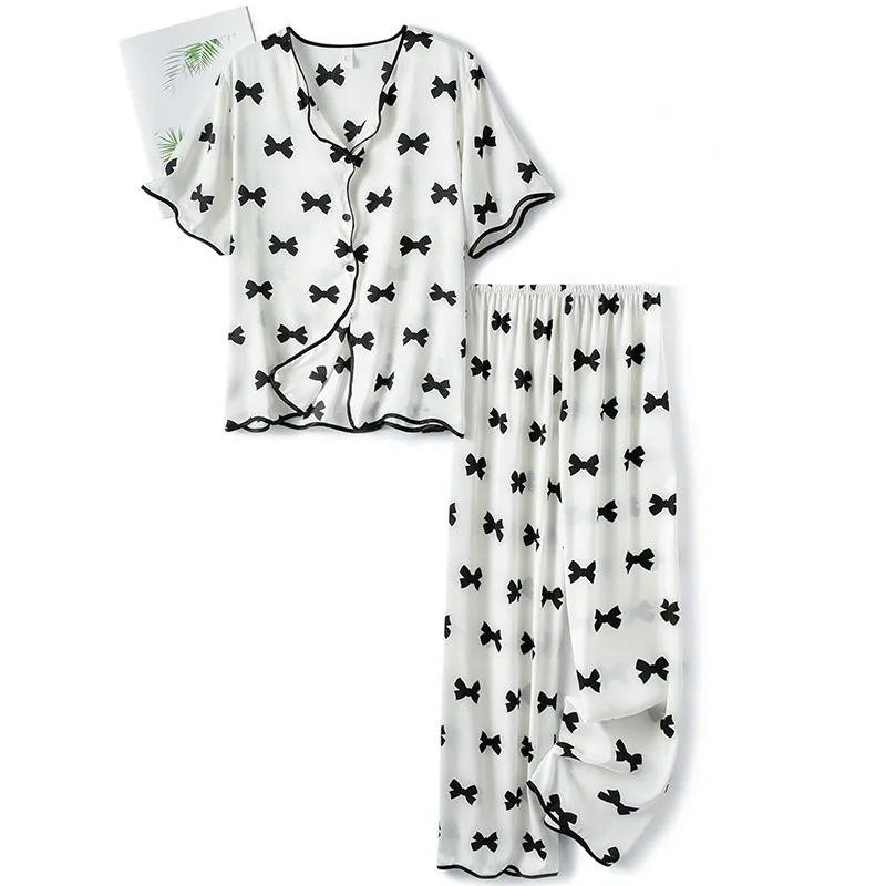 Pijama femme satin våg bowknot mode trend student homewear set 2021 sommar nya pyjamas för kvinnor Sleepwear x0526