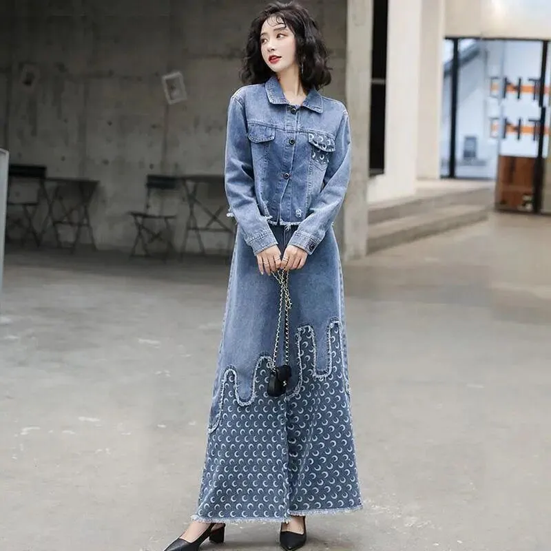 2 pièces Tweed femmes Denim jean costume ensemble OL dame travail bureau porter court vêtements d'extérieur décontractés manteau veste + pantalon à jambes larges femmes deux pièces