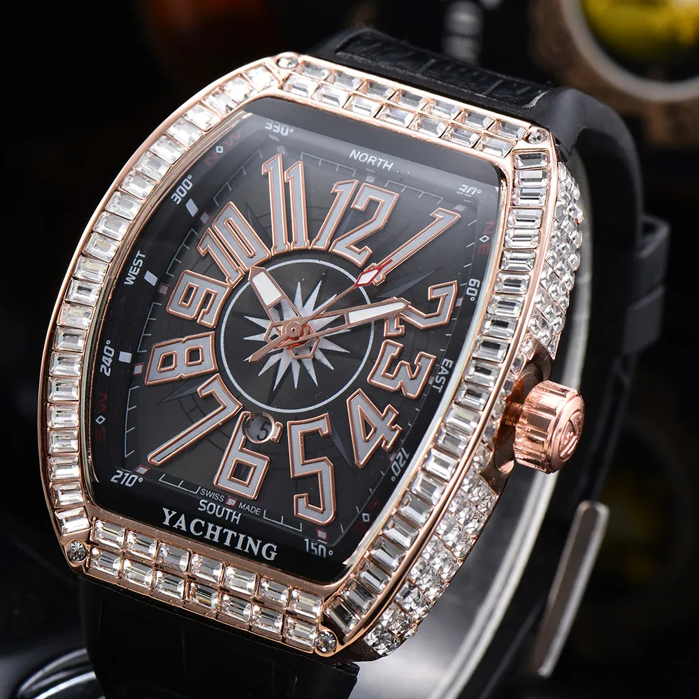 Haute Qualité Iced Out Hommes Montres Mouvement À Quartz Diamant Cas Montre Hommes Collection V45 Bracelet En Caoutchouc Rose Or Casual Montre-Bracelet 324r