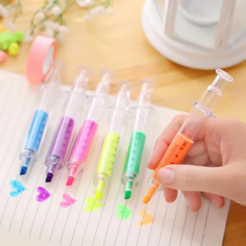 6 färger nyhetssjuksköterska nålsprutaformad highlighter markör penna pennor brevpapper skolmaterial k24