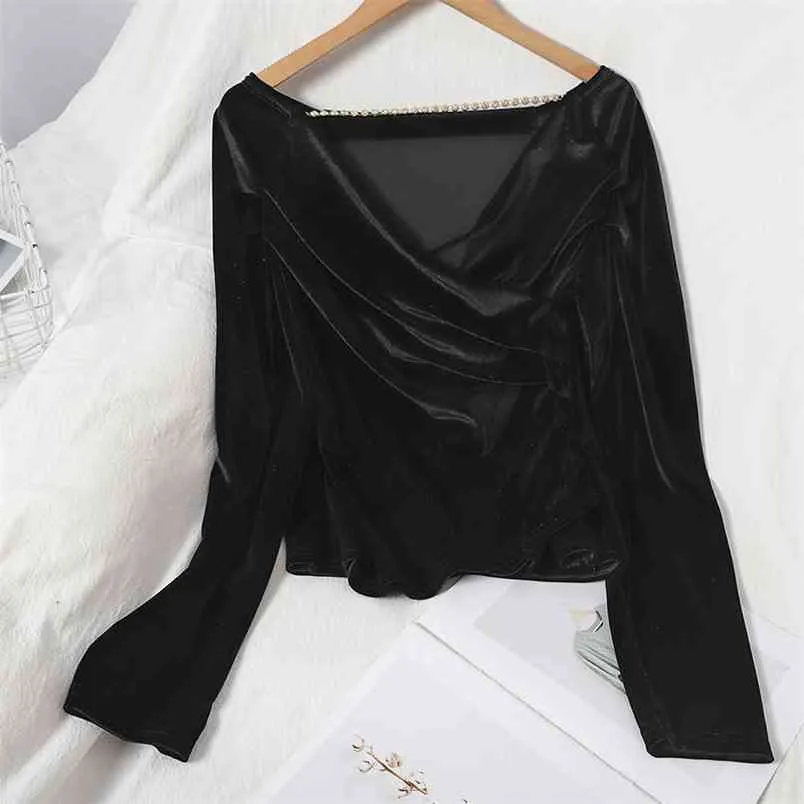 Seksowna szczupła obojczyk bluzka z długim rękawem jesień miękki wygodny połysk tkaniny V-Neck Velvet Topy Kobiety Blusa Kobieta GX1176 210506