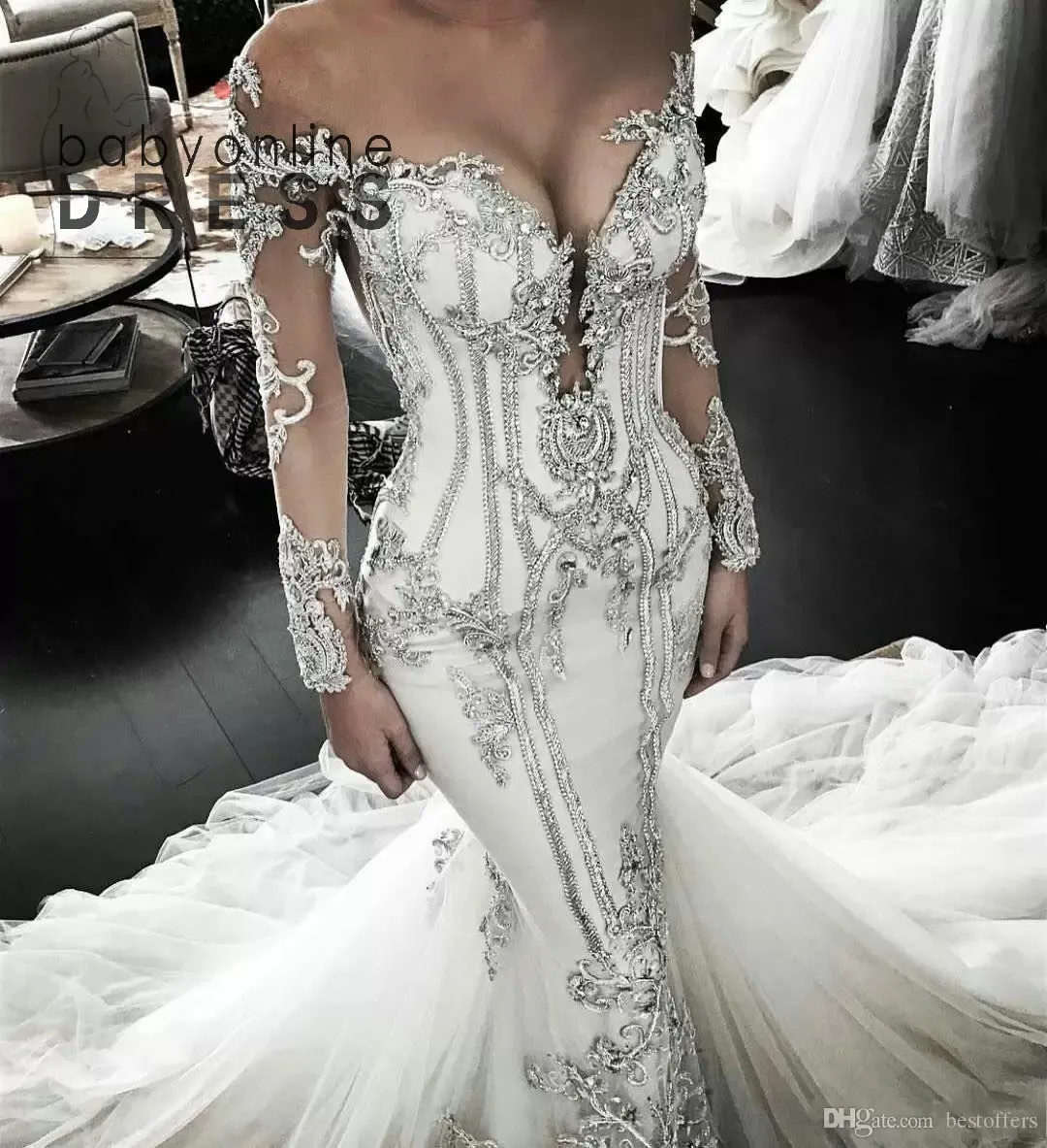 Women Beaded Mermaid Wedding Dress High Neck Long Sleeve