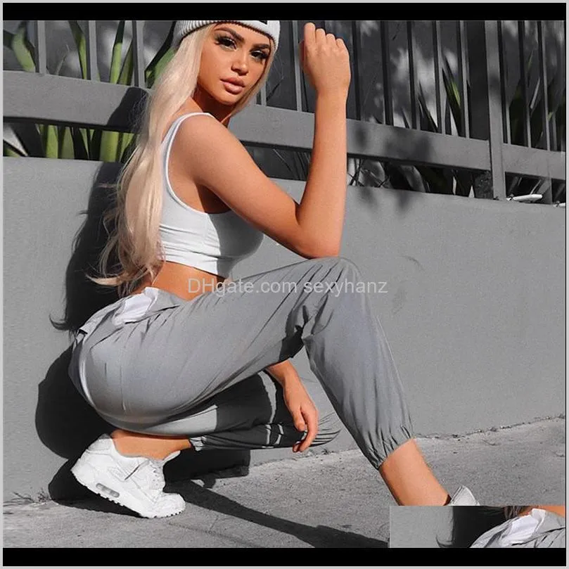 fashion casual slim solid women`s reflective pants hip hop dance show party night jogger baggy trousers summer clothes