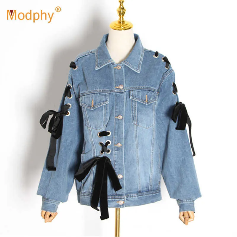 Autumn Fashion Women's Denim Jacket Coat Single-breasted Lace-up Ladies Top Streetwear Hair Clothing 210527