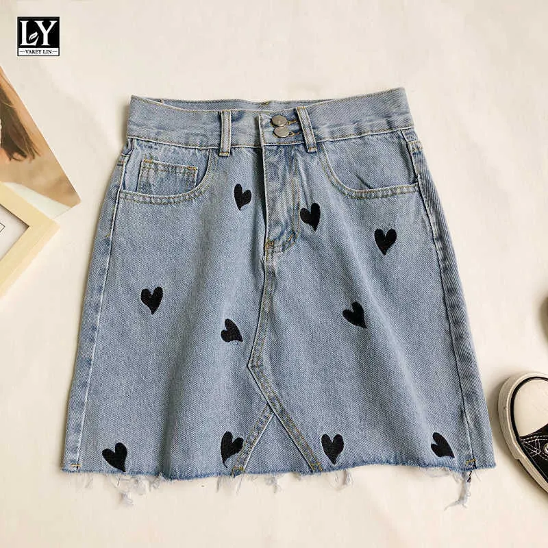 LY Varey Lin Summer Women Casual Blue A-Line Mini Denim Spódnice Słodkie Miłość Haft Wysoka Talia Kobieta 210526