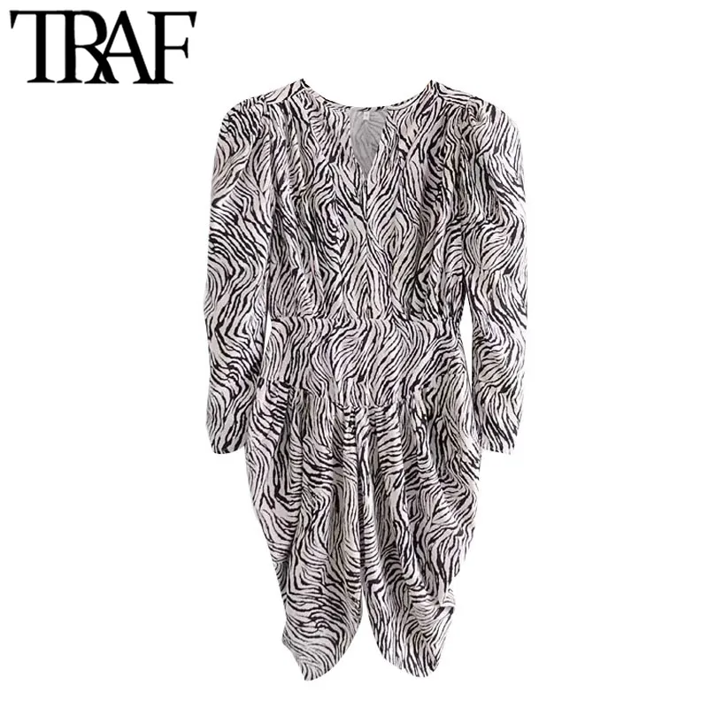 Traf Women Chic Fashion zebra print asymmetrische mini -jurk vintage lange mouw rug zipper vrouwelijke jurken Vestidos 210415