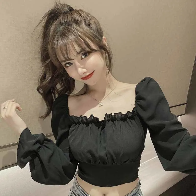 Black Ruffle Clavicle Blouse Sexy Slim Fit, Vintage From Bai04