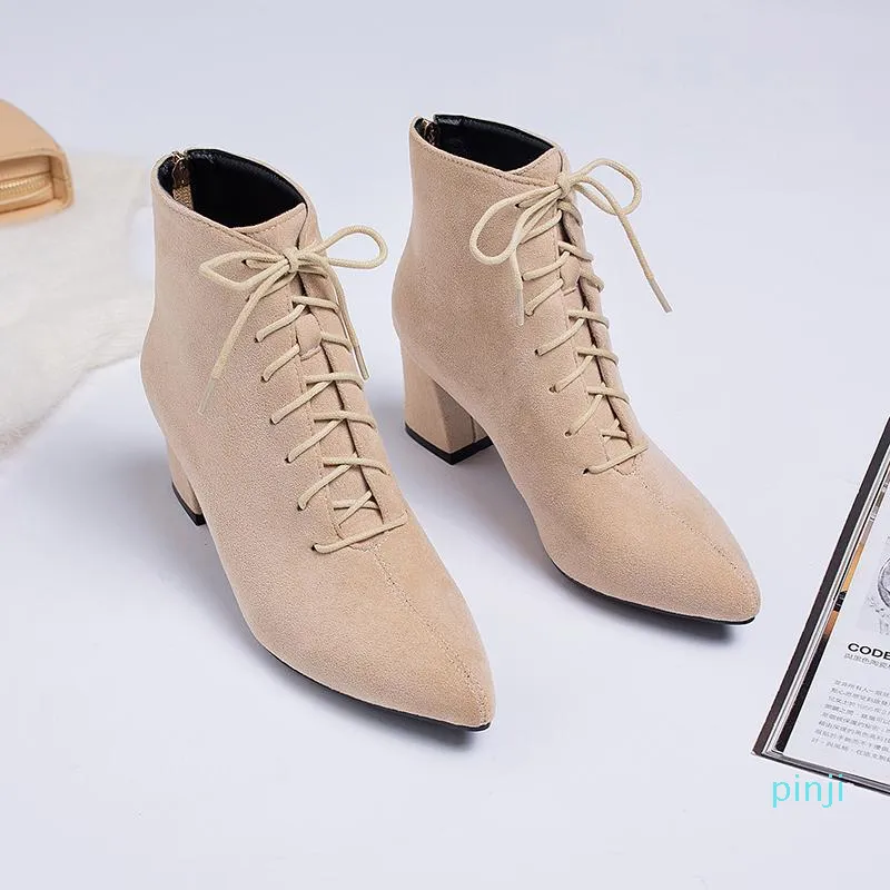 Botas 2021 Mulheres Lace-up tornozelo Elegante Apointed Toe The The The Feminino Salto Alto Saltos Sólidos Vintage Senhoras Mojer 34