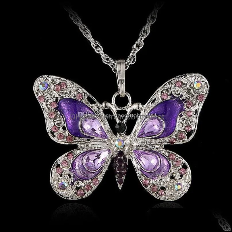 New Multicolor Crystal Butterfly designer necklace Silver Shiny Butterfly Pendant Chains luxury designer jewelry women necklace