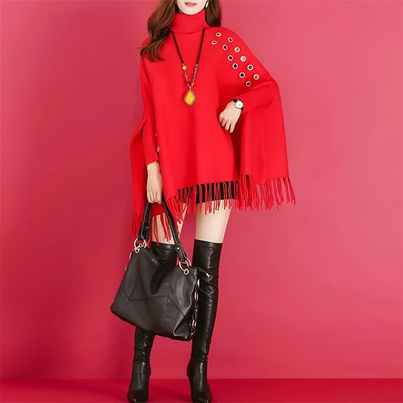 Autumn Winter Knitted Sweater Women Loose Large Size Hedging Thick Section Metal Ring Turtleneck Tassel Cape Coat 210427